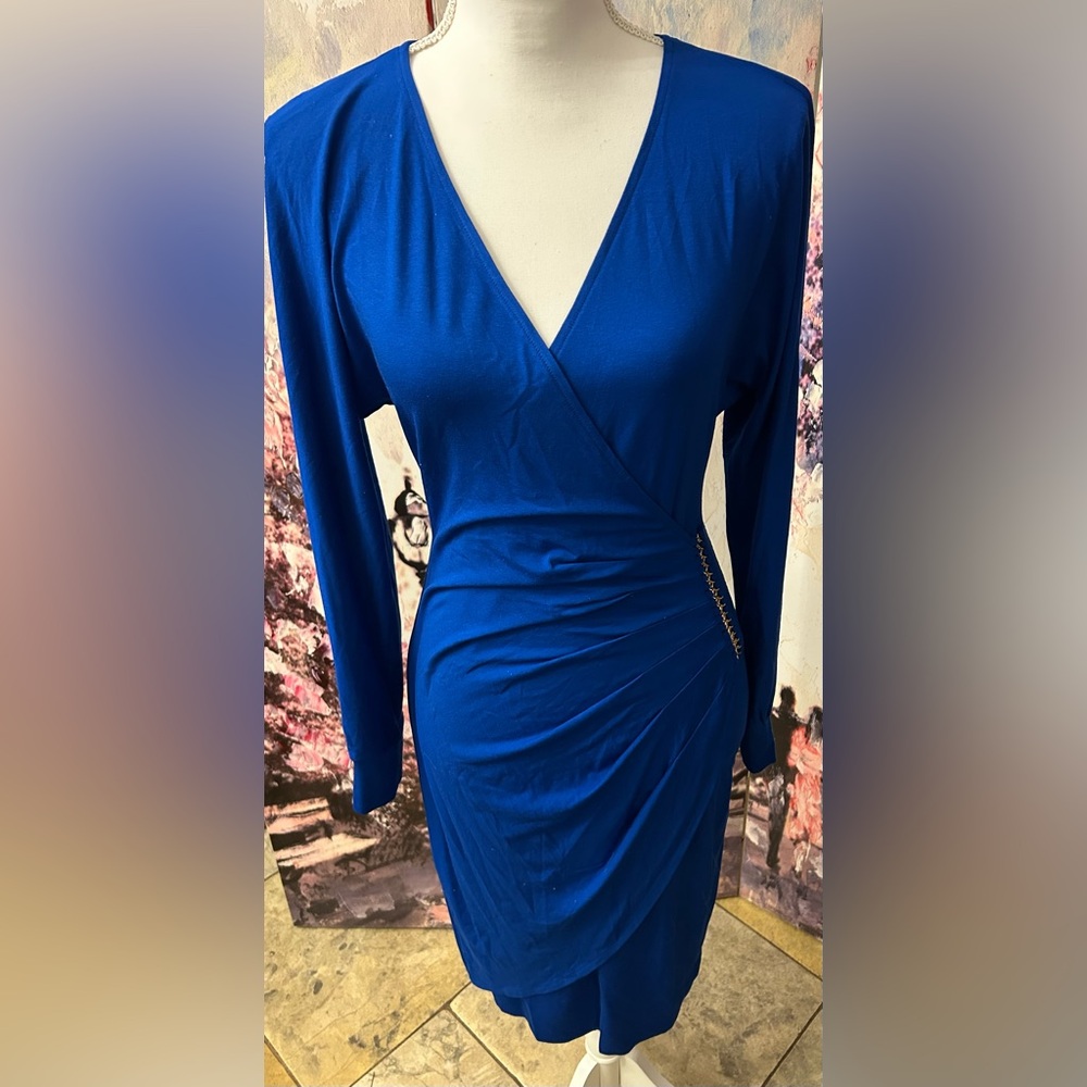 Cache - Elegant Cobalt Blue Wrap Dress with Gold Chain Details. Size M